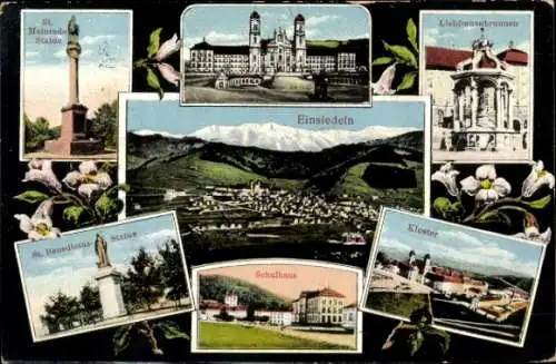 Ak Einsiedeln Kanton Schwyz Schweiz, Kloster Einsiedeln, Statuen, Schule, Brunnen