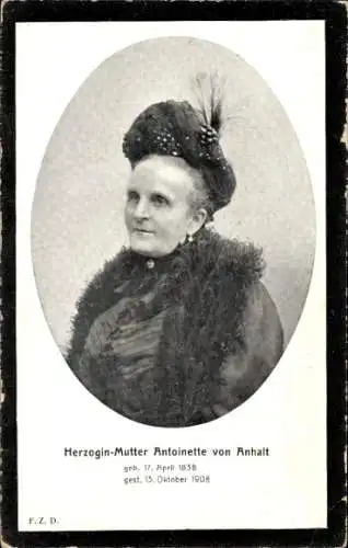 Ak Herzogin-Mutter Antoinette von Anhalt, Portrait, Trauerkarte