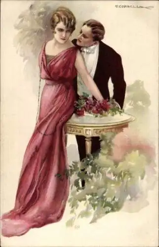 Künstler Ak Corbella, T., Liebespaar, Verehrer, Blumen, Frau in rotem Kleid