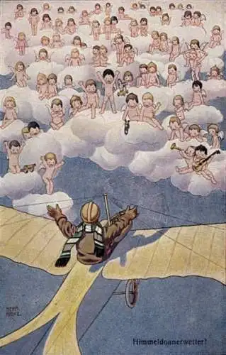 Künstler Ak Frenz, Herm., Himmeldonnerwetter, Pilot im Flugzeug, Engel auf Wolken