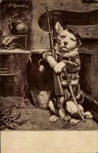 Künstler Ak Hund als Soldat, Uniform, Gewehr, Rekrut