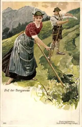 Litho Bergwiese, Bayerische Bauern, Volkstracht, Sense