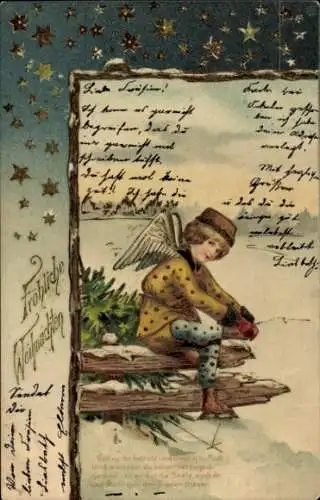 Präge Litho Glückwunsch Weihnachten, Engel, Schnee