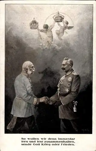 Künstler Ak Kaiser Wilhelm II., Kaiser Franz Josef I., Waffenbrüderschaft, Händedruck