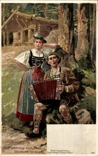 Künstler Litho Mahn, R., Aufforderung zum Tanz, Waldhütte Hindelang, Bayerische Volkstracht