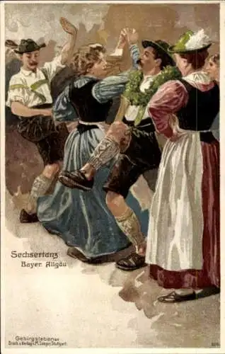 Litho Sechsertanz, Bayerisches Allgäu, Trachten, Gebirgsleben