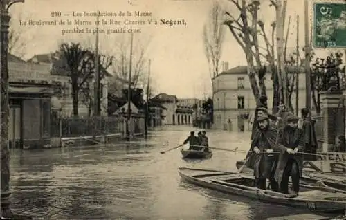 Ak Nogent-sur-Marne Val de Marne, Überschwemmungen, Boulevard de la Marne, Rue Charles V