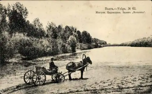 Ak Russland, Fluss Wolga, Fuhrwerk, Ufer