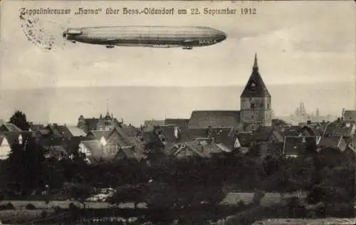 Ak Hessisch Oldendorf an der Weser, Zeppelin Hansa über der Stadt 1912