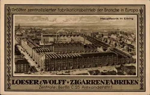 Ak Elbląg Elbing Westpreußen, Hauptfabrik, Loeser & Wolff Zigarrenfabriken