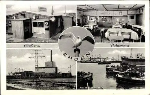 Ak Emden in Ostfriesland, Polderkrug, Kraftwerk, Binnenhafen, Möwe
