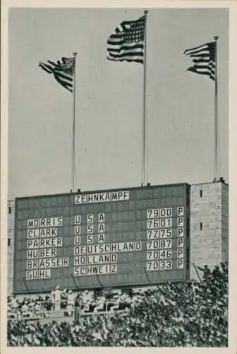 Sammelbild Olympia 1936, Punktetafel, Zehnkampf, Morris, Clark, Parker, USA
