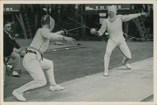 Sammelbild Olympia 1936, Fechten im Fünfkampf, Handrick und Bramfeld