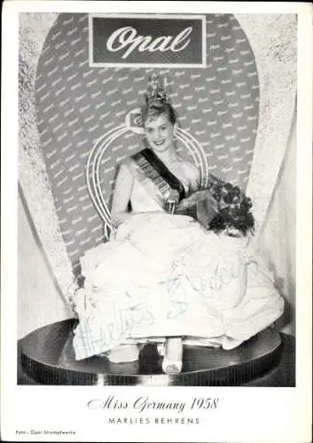 Ak Miss Germany 1958 Marlies Behrens, Schönheitskönigin, Krone, Autogramm, Opal Strumpfwerke