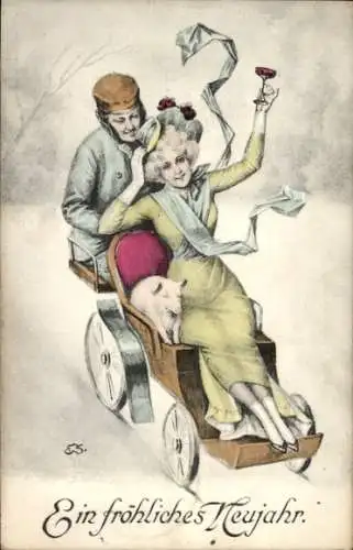 Ak Glückwunsch Neujahr, Mann und Frau in einem Automobil, Schwein