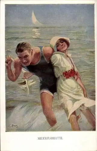 Künstler Ak Meeresbeute, Liebespaar, Mann im Badeanzug