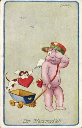 Künstler Ak Der Herzensdieb, Amor, Hund, weinender Engel