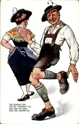 Ak Mann und Frau in bayrischen Trachten, Schuhplattler