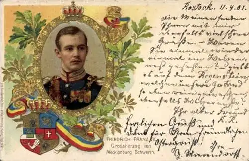 Präge Wappen Litho Friedrich Franz IV, Großherzog von Mecklenburg-Schwerin, Portrait in Uniform