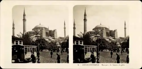 Stereo Foto Konstantinopel Istanbul Türkei, Hagia Sophia, Straßenbahn