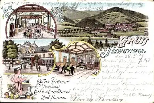 Litho Ilmenau im Ilm Kreis Thüringen, Panorama, Max Dittmar Restaurant, Speisesaal, Billard, Engel