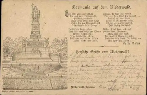 Vorläufer Litho Rüdesheim am Rhein, Niederwald Nationaldenkmal, Germania, Gedicht