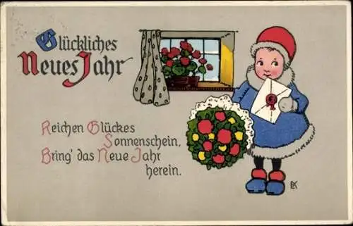 Künstler Ak Glückwunsch Neujahr, Mädchen, Brief, Blumenstrauß