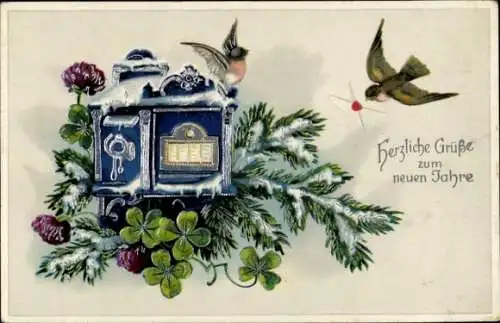 Präge Ak Glückwunsch Neujahr, Vögel, Post, Glücksklee