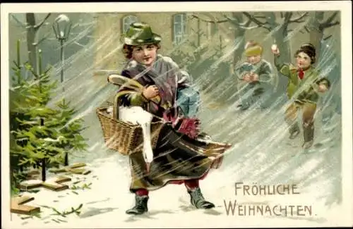 Ak Glückwunsch Weihnachten, Jungen werfen Schneeball auf Frau, Gans, Weihnachtsbaumverkauf