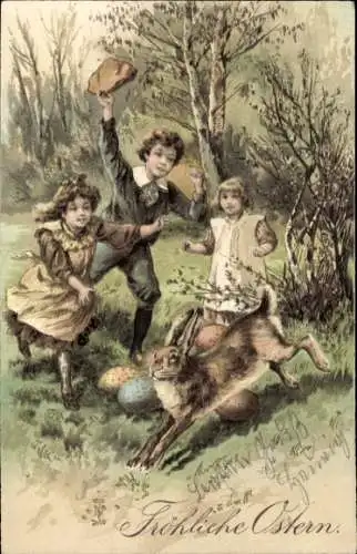 Präge Ak Glückwunsch Ostern, Osterhase, Ostereier, Kinder