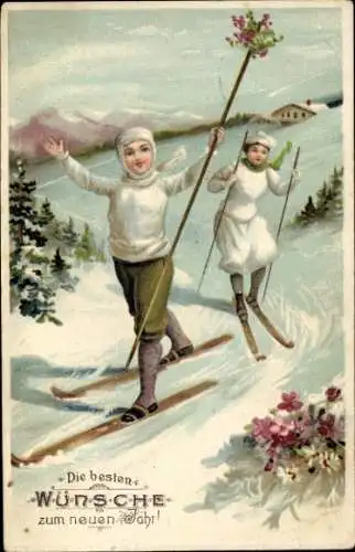 Präge Ak Glückwunsch Neujahr, Skifahrer, Winterlandschaft