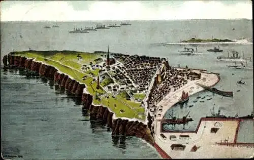 Ak Nordseeinsel Helgoland, Panorama aus der Vogelschau, Schiffe, Gedicht