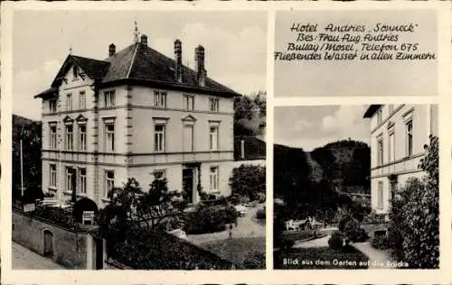 Ak Bullay an der Mosel, Hotel Andries Sonneck, Garten, Brücke