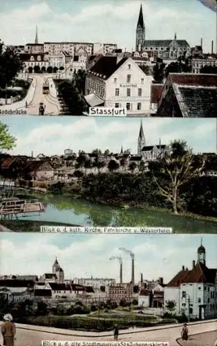 Ak Stassfurt, Bodebrücke, kath. Kirche, Petrikirche, Wasserturm, Stadtmauer, Johanniskirche