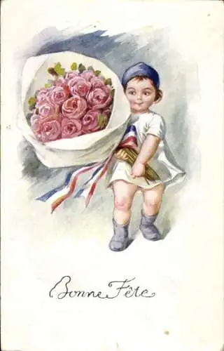 Ak Glückwunsch, Junge mit Blumenstrauß, Rosen, Gratulant