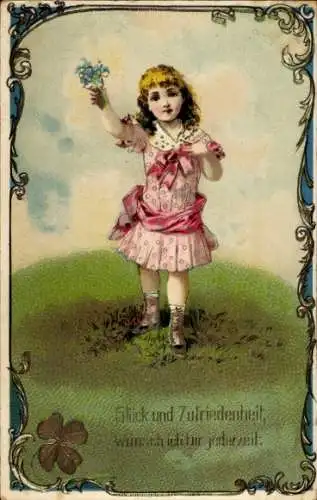 Ak Glückwunsch, Mädchen, Blumen, Glücksklee