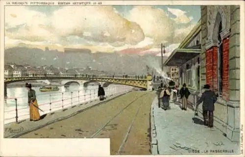 Künstler Ak Ranot, F., Liège Lüttich Wallonien, La Passerelle, piétons, voies ferrées, rivière, pont