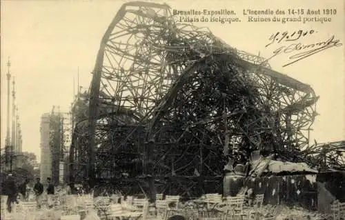 Ak Brüssel, Weltausstellung 1910, Belgischer Ausstellungspalast nach dem Brand, Ruinen