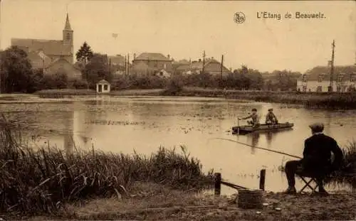 Ak Beauwelz Momignies Wallonien Hennegau, Teich, Angler, Boot