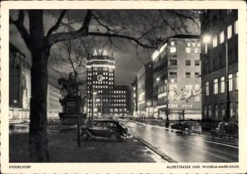 Ak Düsseldorf am Rhein, Alleestraße, Wilhelm-Marx-Haus, ATA, Nachtansicht, Beleuchtung