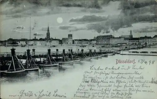 Mondschein Ak Düsseldorf am Rhein, Blick auf die Schiffsbrücke und den Ort