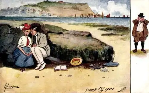 Künstler Ak Thackeray, Lance, Paar am Strand, Mann mit Fernglas
