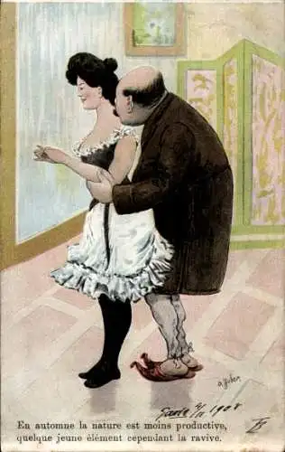 Künstler Ak Liebespaar, Mann umarmt eine Frau im Unterkleid