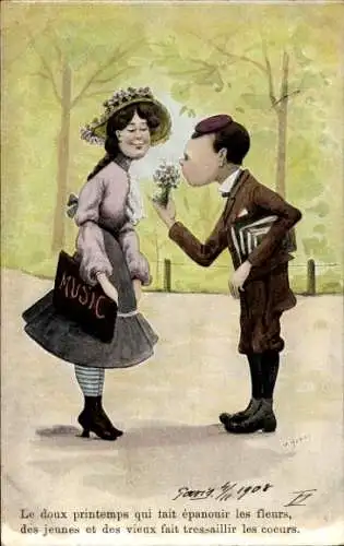 Studentika Künstler Ak Liebespaar, Student schenkt einem Mädchen Blumen
