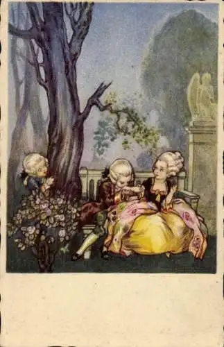 Künstler Ak Liebespaar auf einer Bank, Handkuss