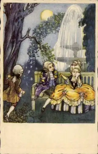 Künstler Ak Liebespaar im Mondschein, weinende Frau