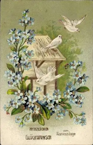 Präge Litho Glückwunsch Namenstag, Tauben, Vergissmeinnicht