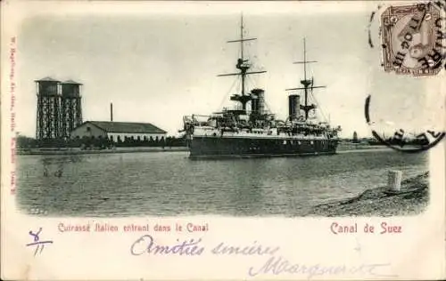 Ak Suez Ägypten, Cuirassé Italien entrant dans le Canal, Italienisches Kriegsschiff im Suezkanal