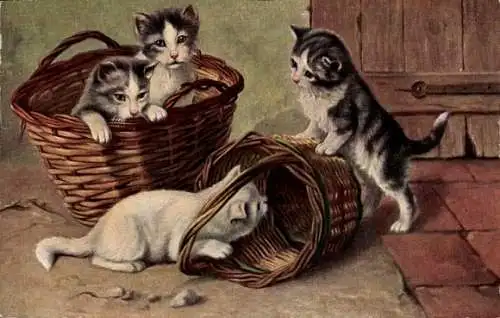 Ak Kätzchen spielen mit Körben