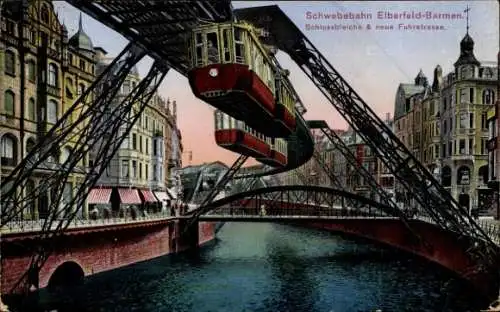 Ak Elberfeld Wuppertal, Schwebebahn, Isländerbrücke, Schlossbleiche, neue Fuhrstraße
